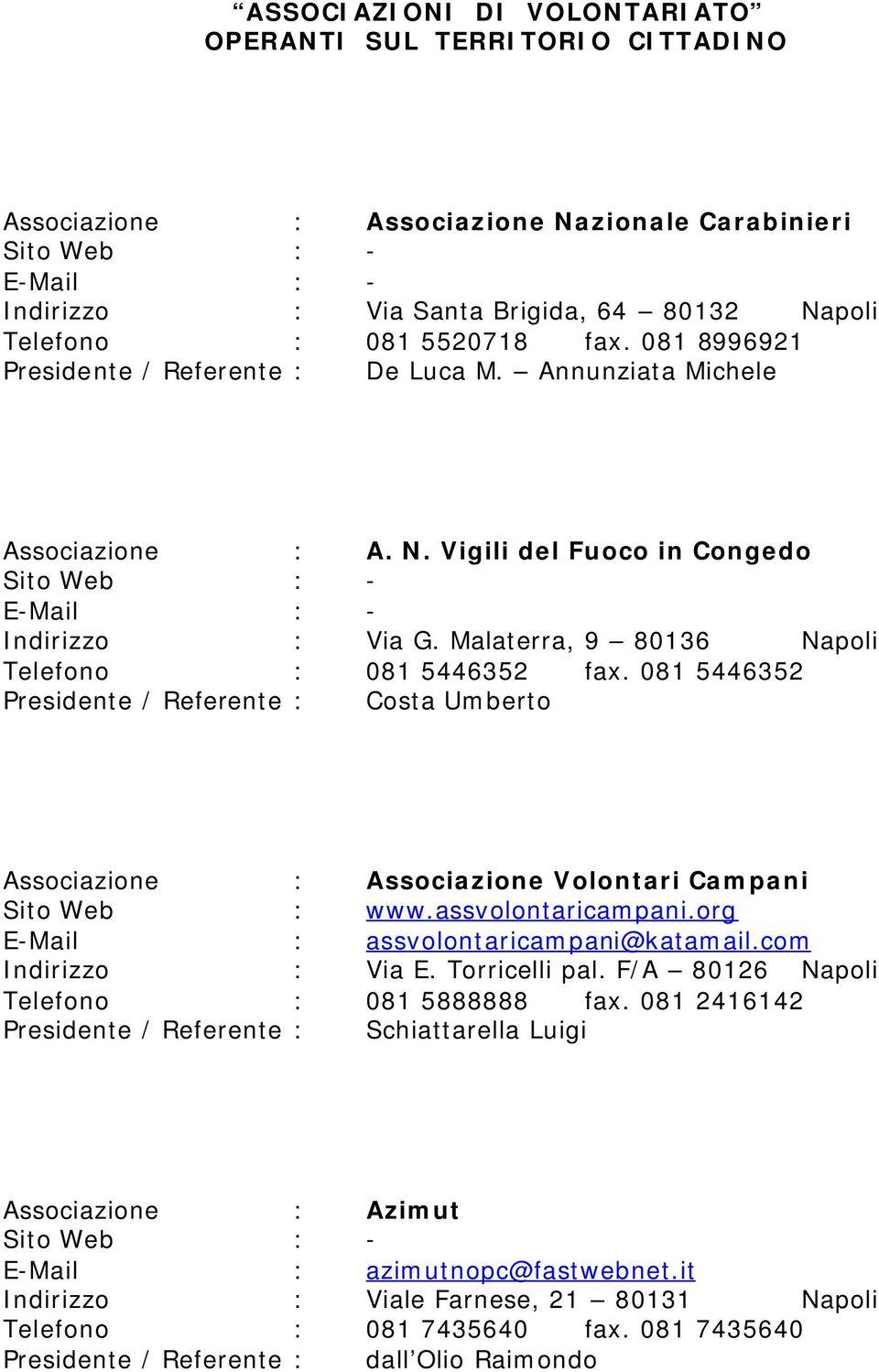 081 5446352 Presidente / Referente : Costa Umberto Associazione : Associazione Volontari Campani Sito Web : www.assvolontaricampani.org E-Mail : assvolontaricampani@katamail.com Indirizzo : Via E.