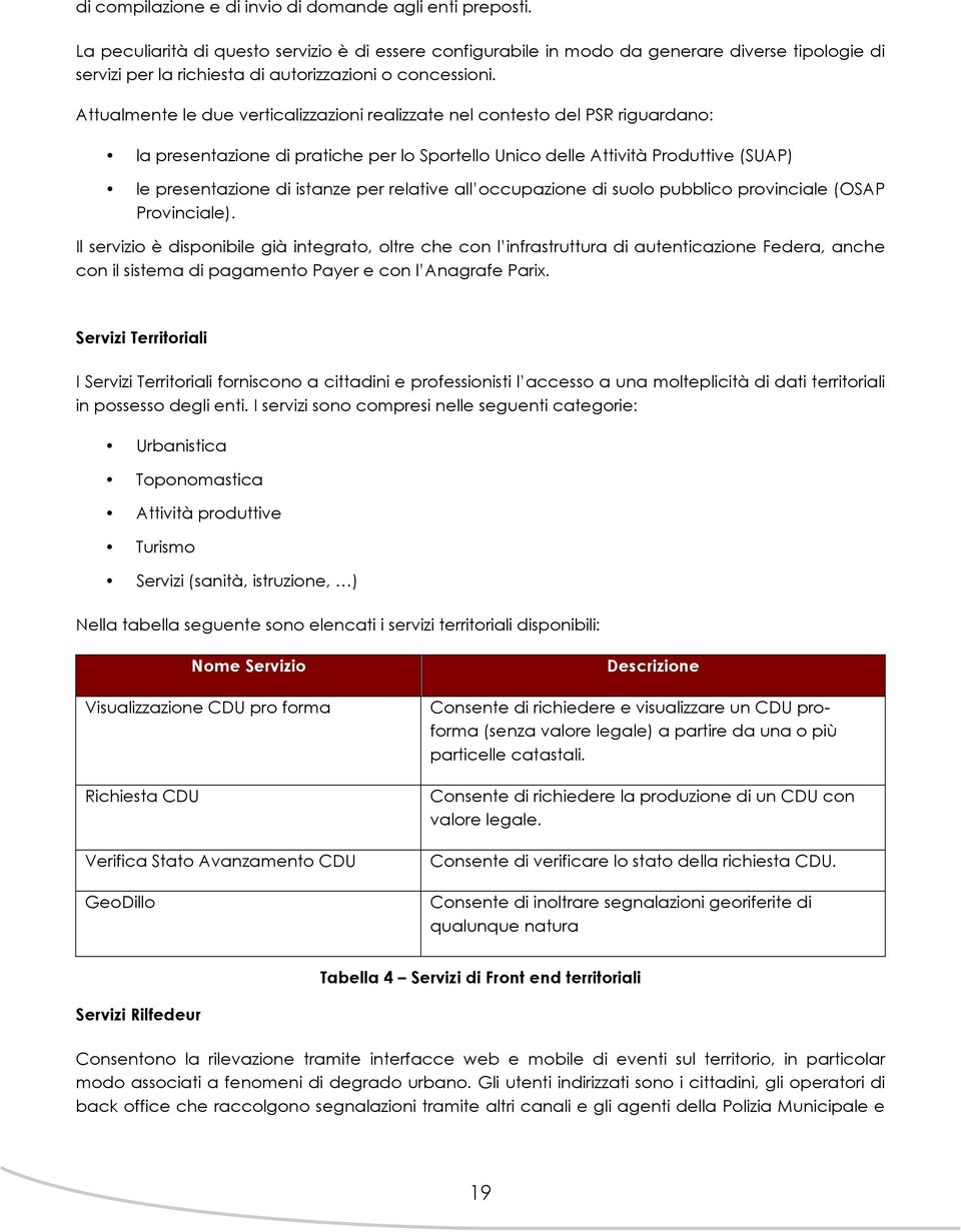 Attualmente le due verticalizzazioni realizzate nel contesto del PSR riguardano: la presentazione di pratiche per lo Sportello Unico delle Attività Produttive (SUAP) le presentazione di istanze per