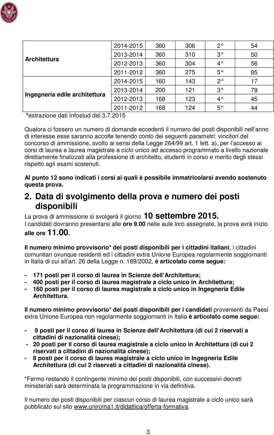 2015 Qualora ci fossero un numero di domande eccedenti il numero dei posti disponibili nell anno di interesse esse saranno accolte tenendo conto dei seguenti parametri: vincitori del concorso di