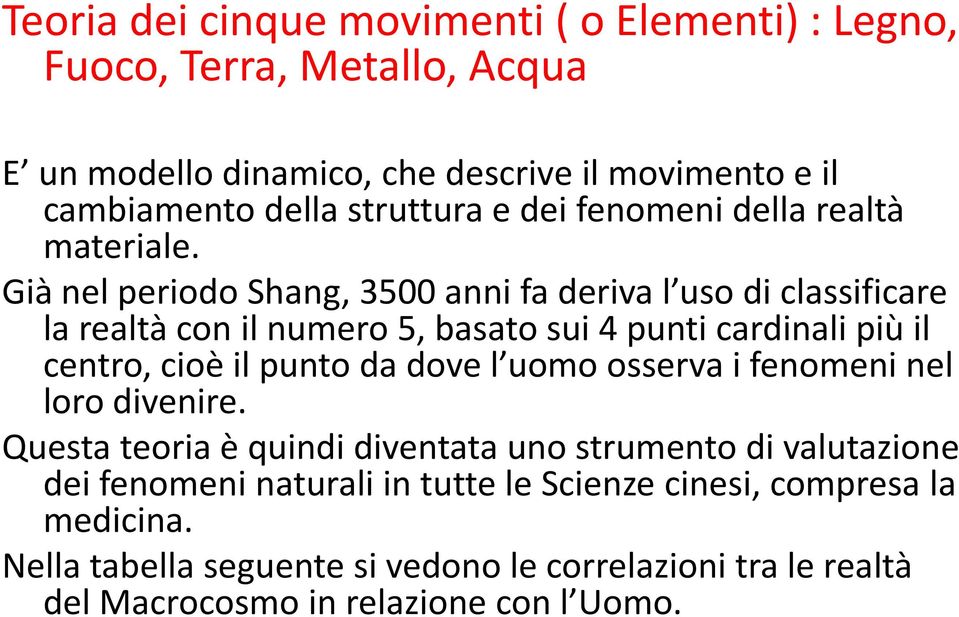 Già nel periodo Shang, 3500 anni fa deriva l uso di classificare la realtà con il numero 5, basato sui 4 punti cardinali più il centro, cioè il punto da dove l