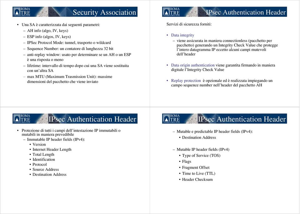 (Maximum Trasmission Unit): massime dimensioni del pacchetto che viene inviato Servizi di sicurezza forniti: IPsec Authentication Data integrity viene assicurata in maniera connectionless (pacchetto