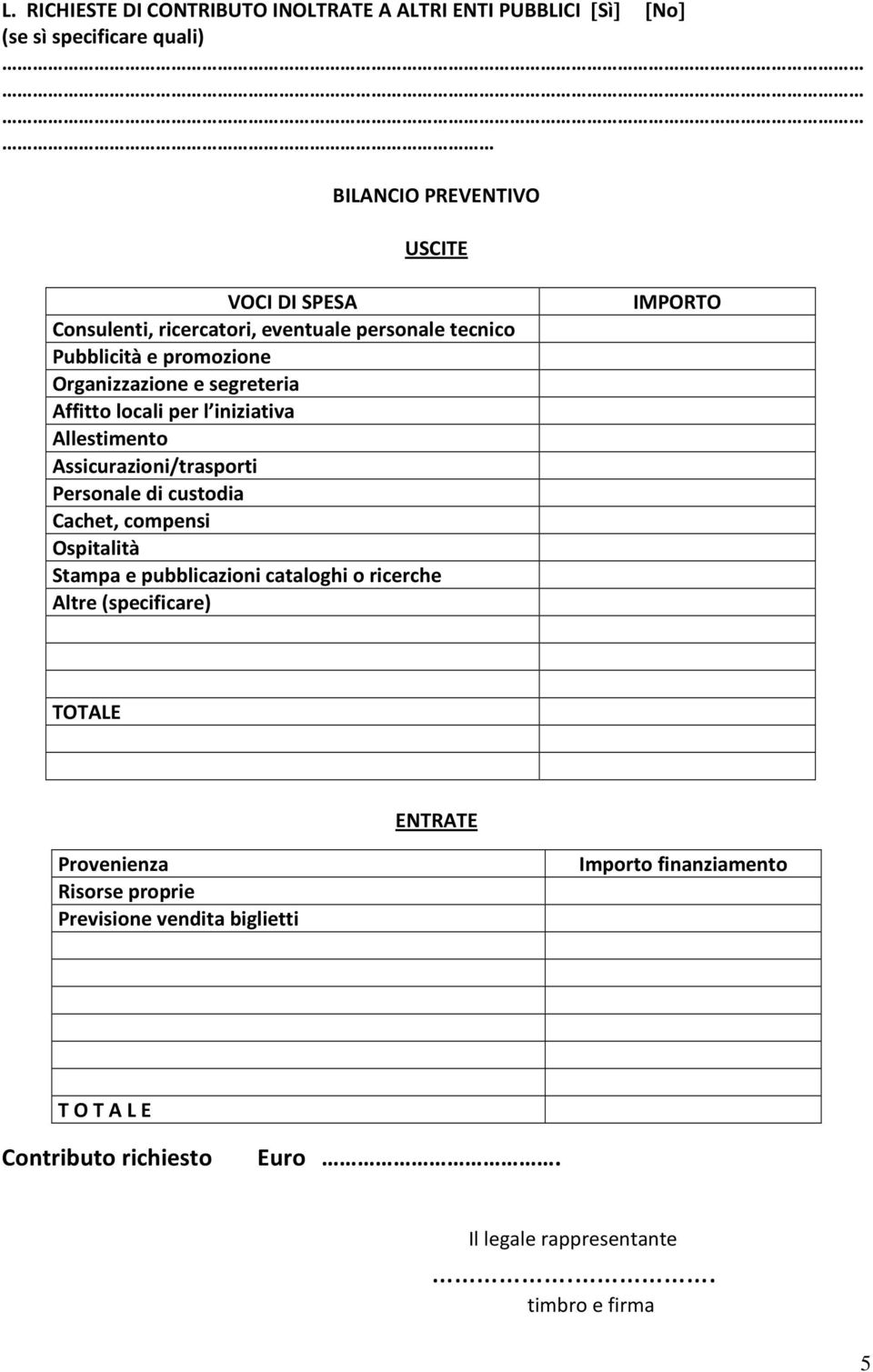 Assicurazioni/trasporti Personale di custodia Cachet, compensi Ospitalità Stampa e pubblicazioni cataloghi o ricerche Altre (specificare) IMPORTO