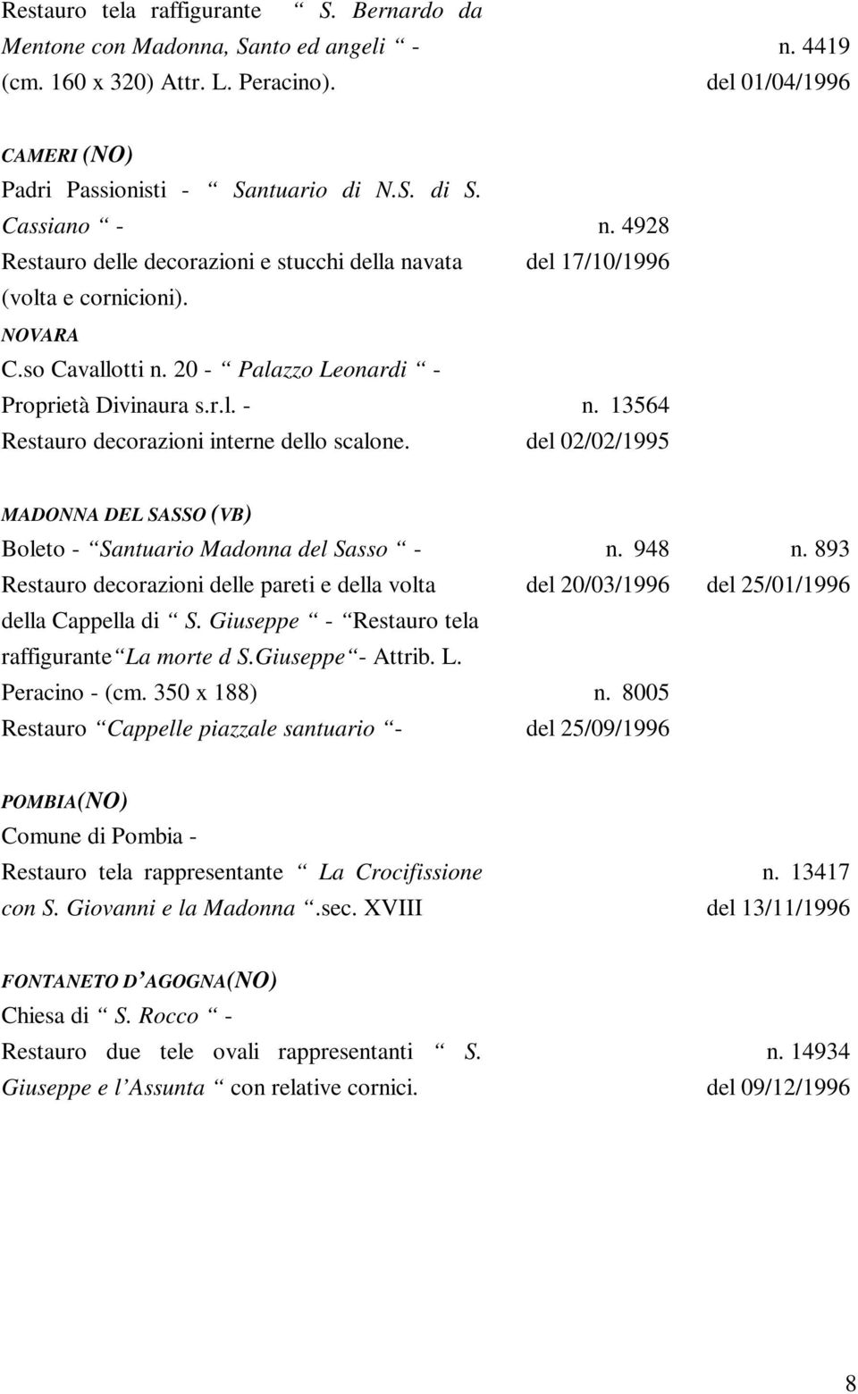 n. 4928 del 17/10/1996 n. 13564 del 02/02/1995 MADONNA DEL SASSO (VB) Boleto - Santuario Madonna del Sasso - Restauro decorazioni delle pareti e della volta della Cappella di S.