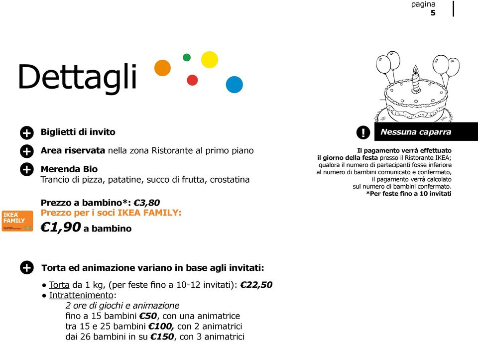 Nessuna caparra Il pagamento verrà effettuato il giorno della festa presso il Ristorante IKEA; qualora il numero di partecipanti fosse inferiore al numero di bambini comunicato e confermato, il