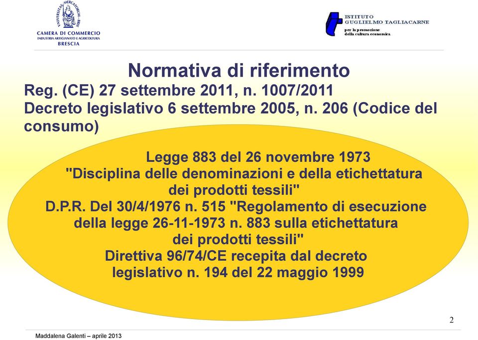 dei prodotti tessili" D.P.R. Del 30/4/1976 n. 515 "Regolamento di esecuzione della legge 26-11-1973 n.