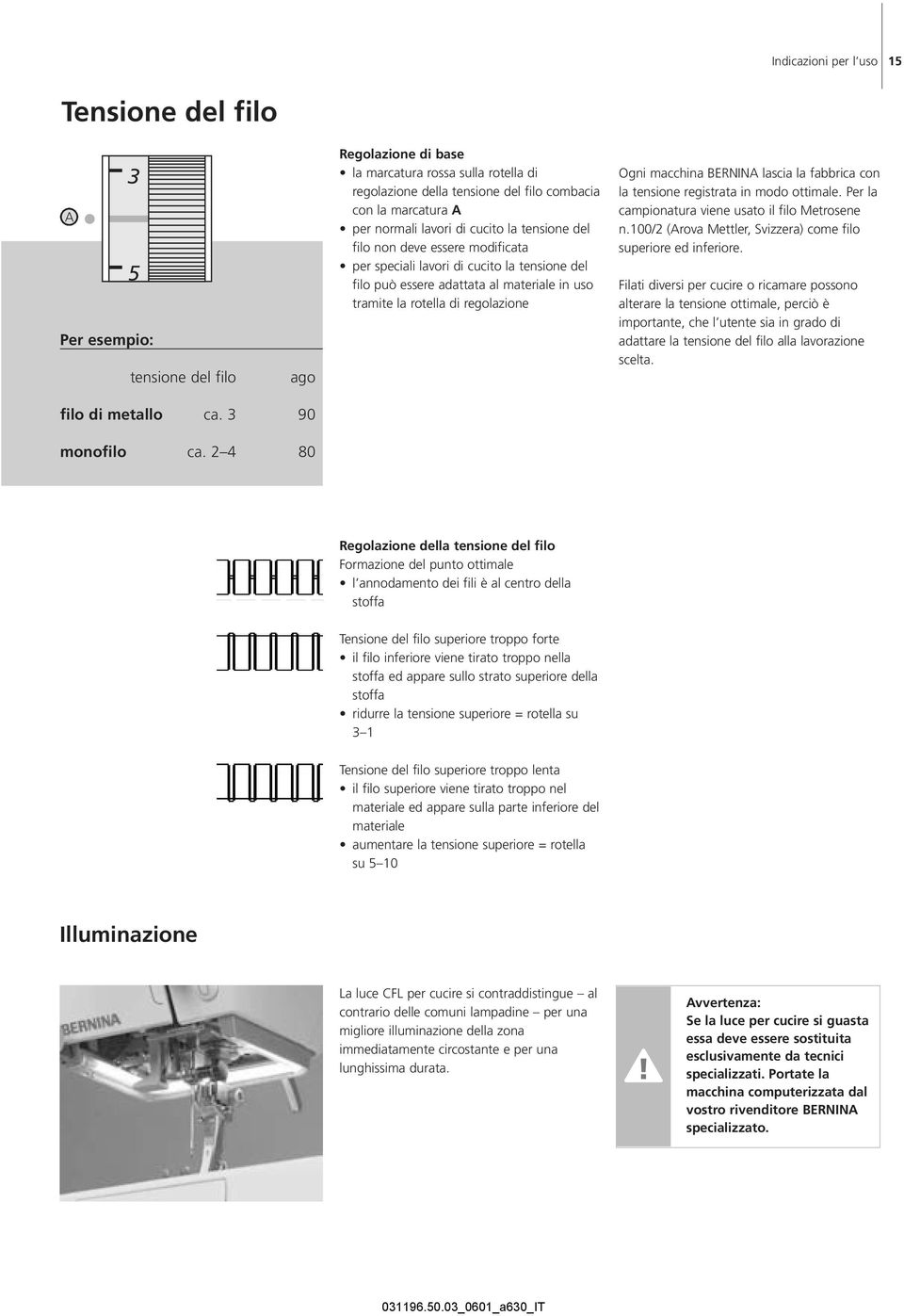 di regolazione Ogni macchina BERNINA lascia la fabbrica con la tensione registrata in modo ottimale. Per la campionatura viene usato il filo Metrosene n.