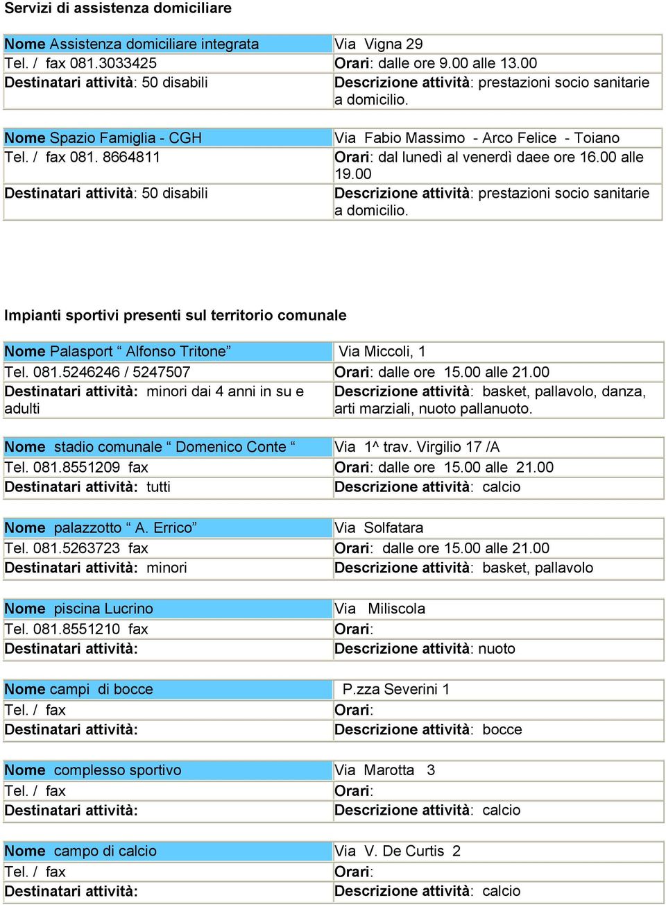 00 Descrizione attività: prestazioni socio sanitarie a domicilio. Impianti sportivi presenti sul territorio comunale Nome Palasport Alfonso Tritone Via Miccoli, 1 Tel. 081.