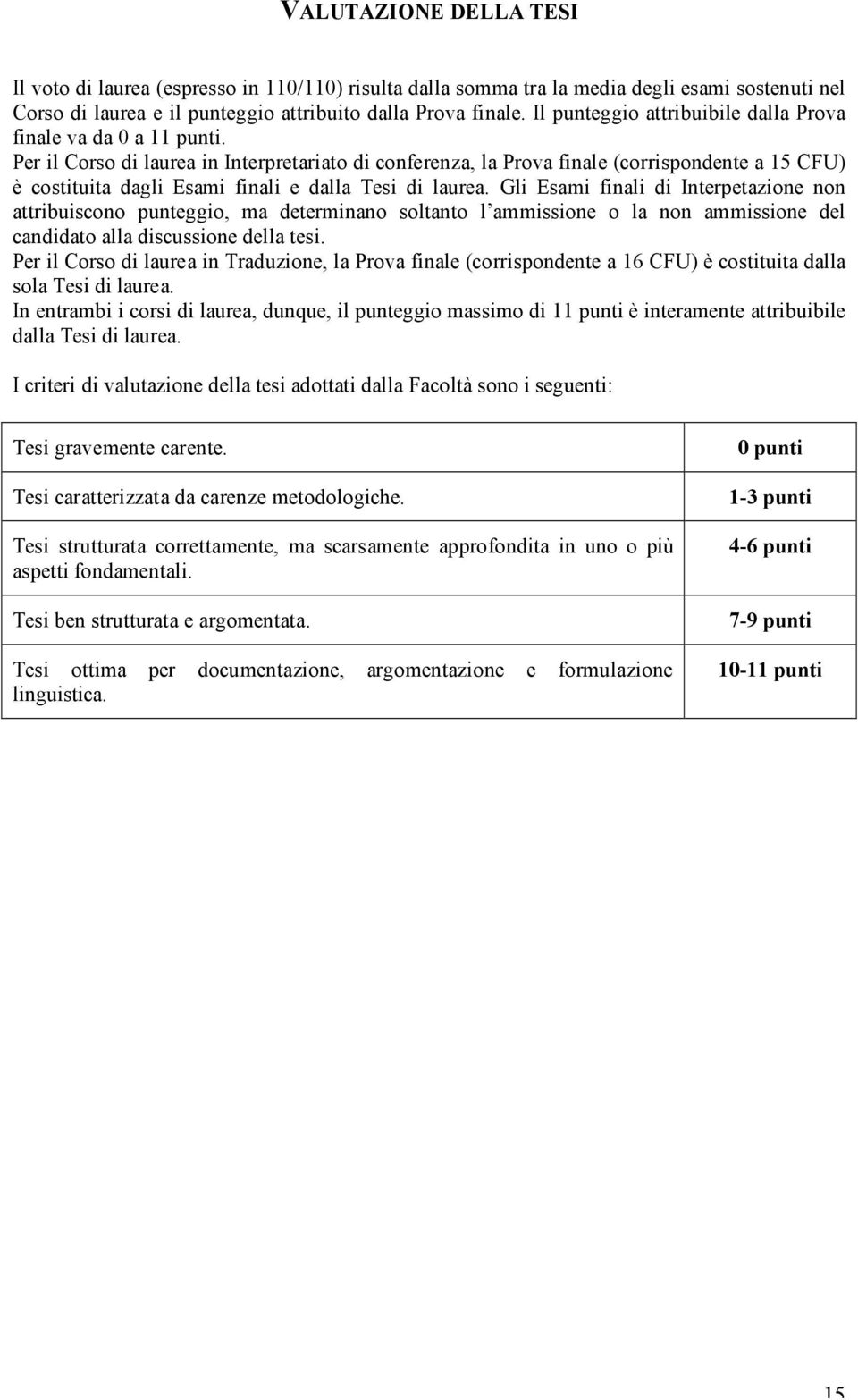 Per il Corso di laurea in Interpretariato di conferenza, la Prova finale (corrispondente a 15 CFU) è costituita dagli Esami finali e dalla Tesi di laurea.