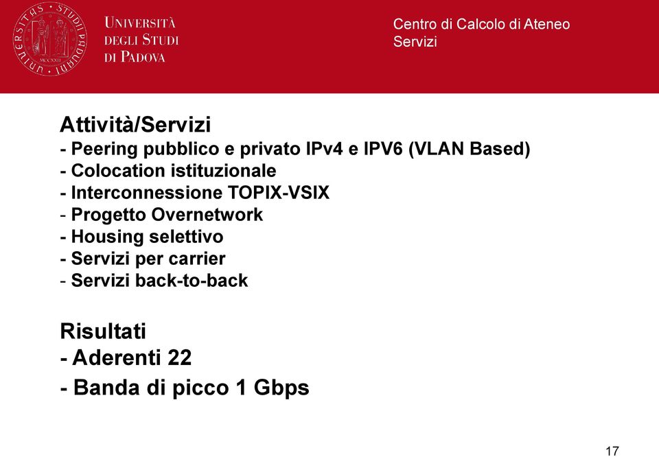 TOPIX-VSIX - Progetto Overnetwork - Housing selettivo - Servizi per