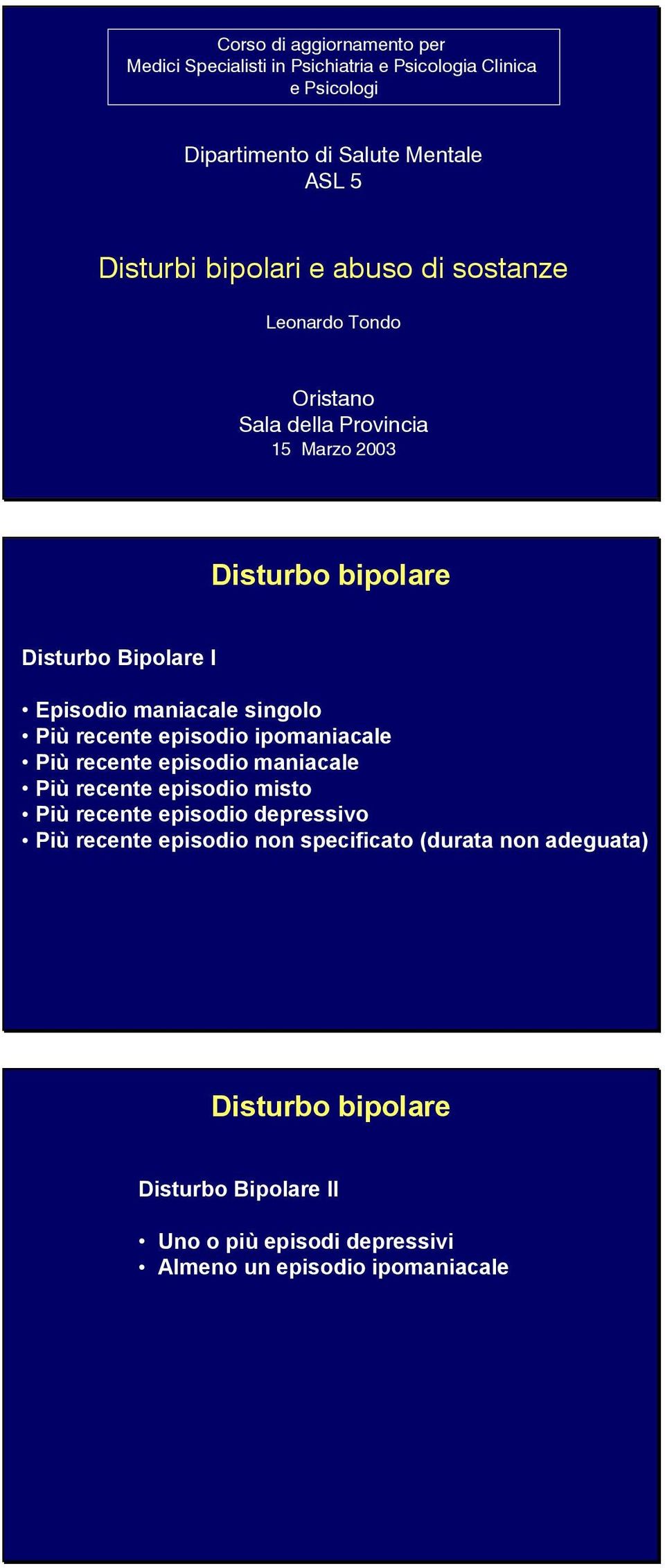 maniacale singolo Più recente episodio ipomaniacale Più recente episodio maniacale Più recente episodio misto Più recente episodio depressivo