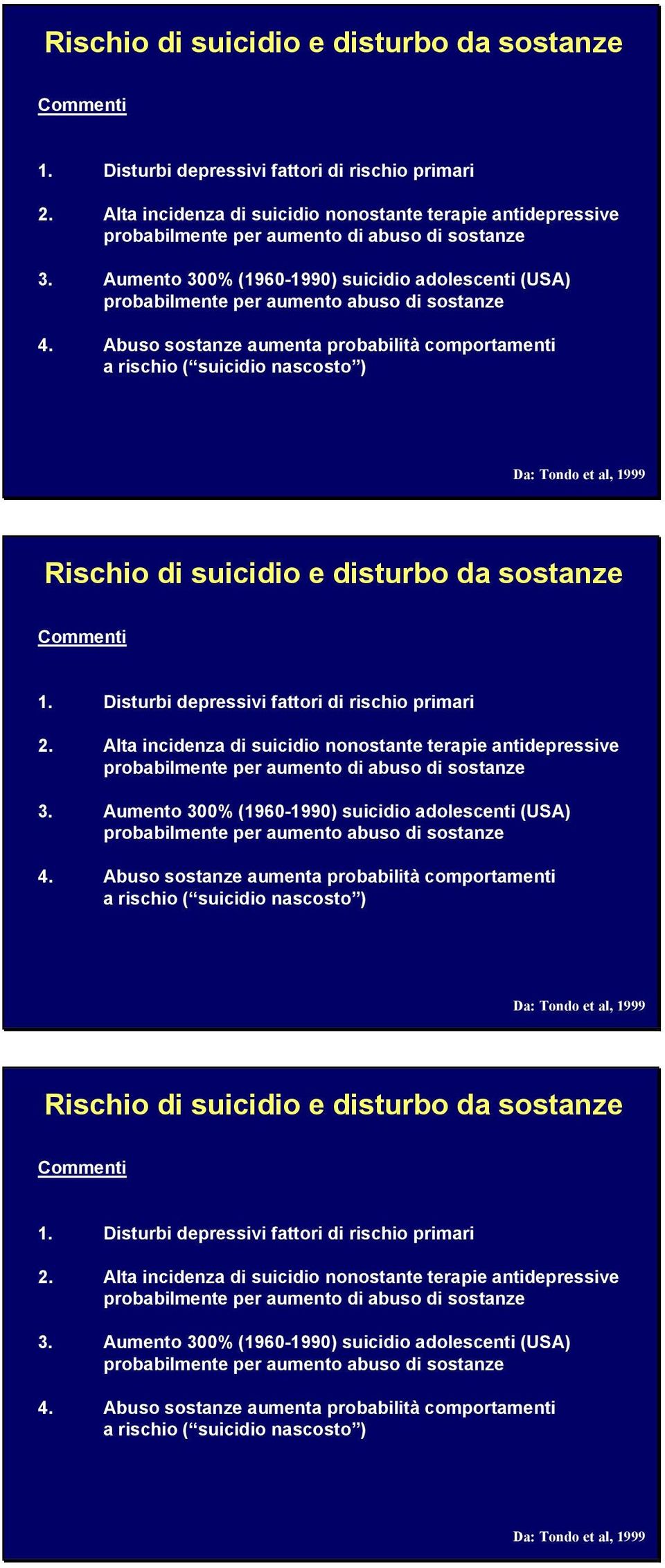 Aumento 300% (1960-1990) suicidio adolescenti (USA) probabilmente per aumento abuso di sostanze 4.