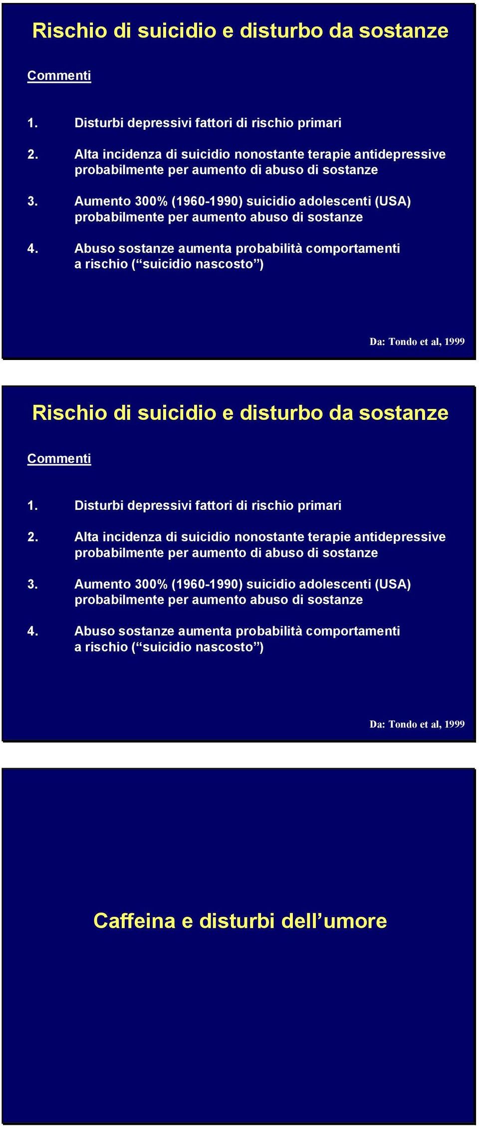 Aumento 300% (1960-1990) suicidio adolescenti (USA) probabilmente per aumento abuso di sostanze 4.