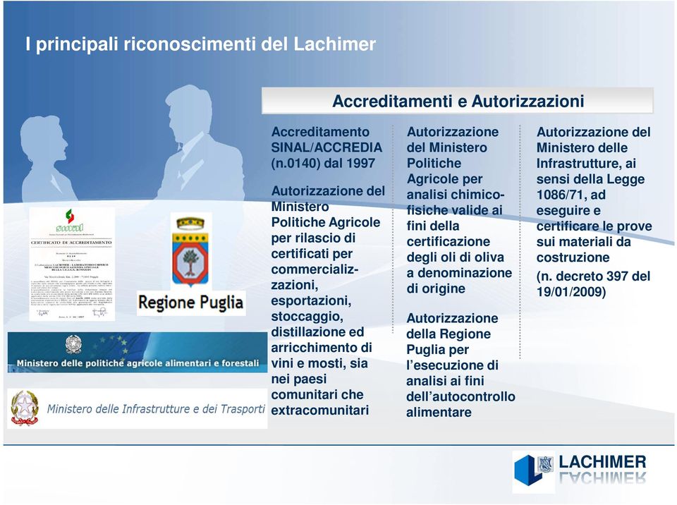 nei paesi comunitari che extracomunitari Autorizzazione del Ministero Politiche Agricole per analisi chimicofisiche valide ai fini della certificazione degli oli di oliva a denominazione di