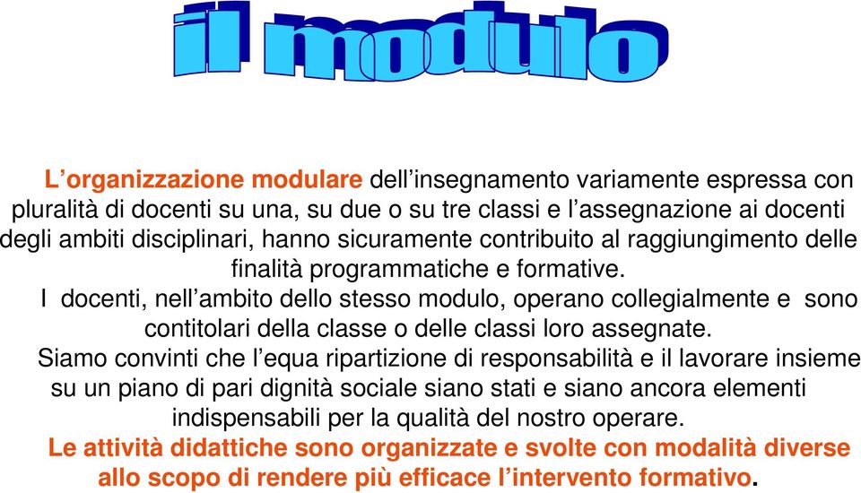 I docenti, nell ambito dello stesso modulo, operano collegialmente e sono contitolari della classe o delle classi loro assegnate.