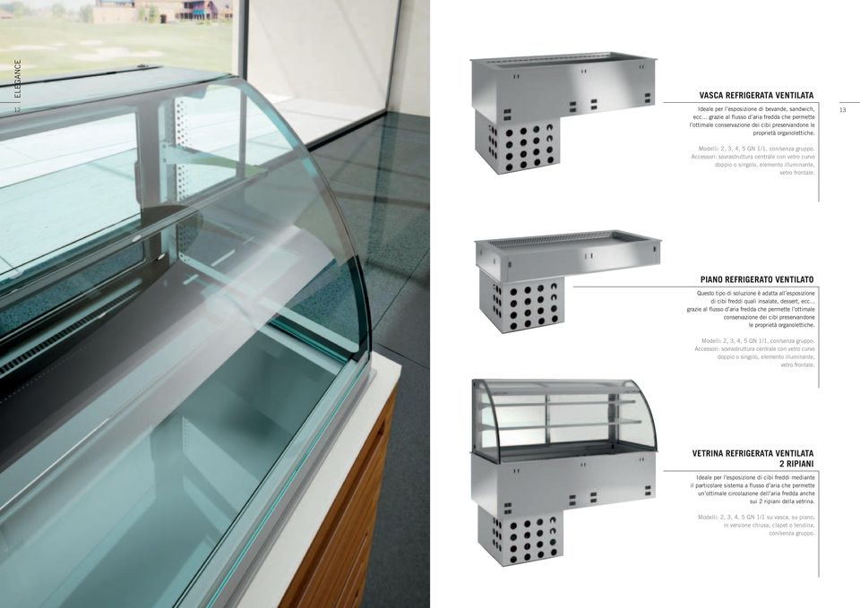 Accessori: sovrastruttura centrale con vetro curvo doppio o singolo, elemento illuminante, vetro frontale.