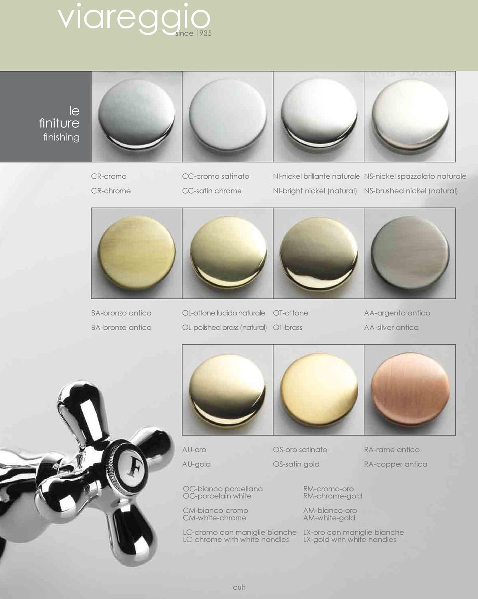 OT-brass AA-silver antica AU-oro OS-oro satinato RA-rame antico AU-gold OS-satin gold RA-copper antica OC-bianco porcellana OC-porcelain white RM-cromo-oro