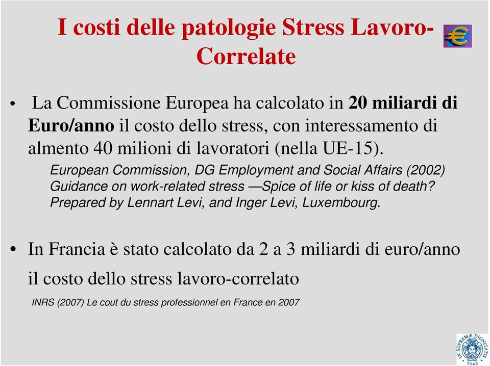 European Commission, DG Employment and Social Affairs (2002) Guidance on work-related stress Spice of life or kiss of death?