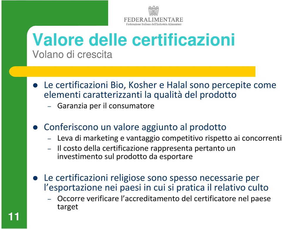 concorrenti Il costo della certificazione rappresenta pertanto un investimento sul prodotto da esportare 11 Le certificazioni religiose sono
