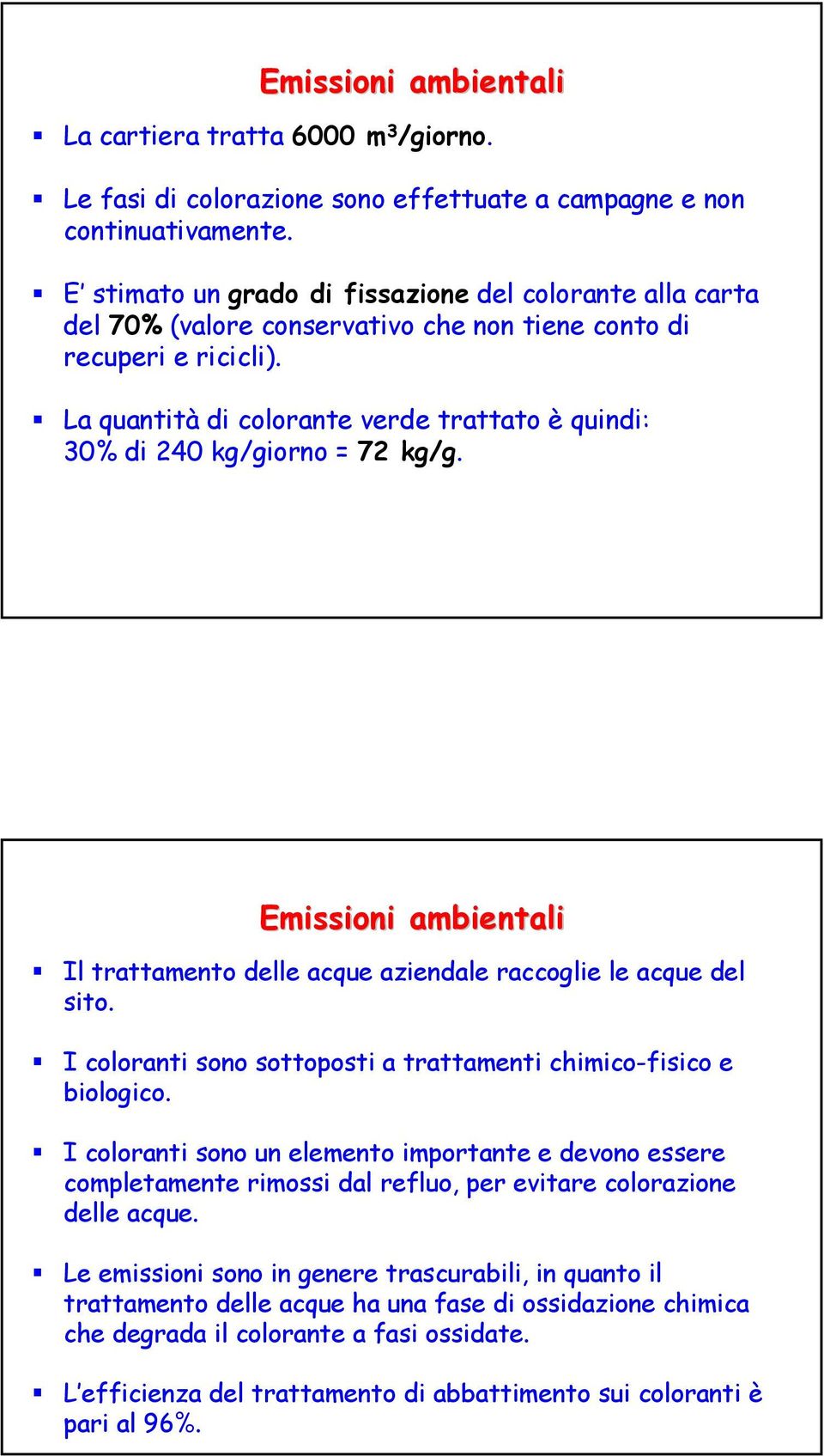 La quantità di colorante verde trattato è quindi: 0% di 240 kg/giorno = 72 kg/g. Emissioni ambientali Il trattamento delle acque aziendale raccoglie le acque del sito.