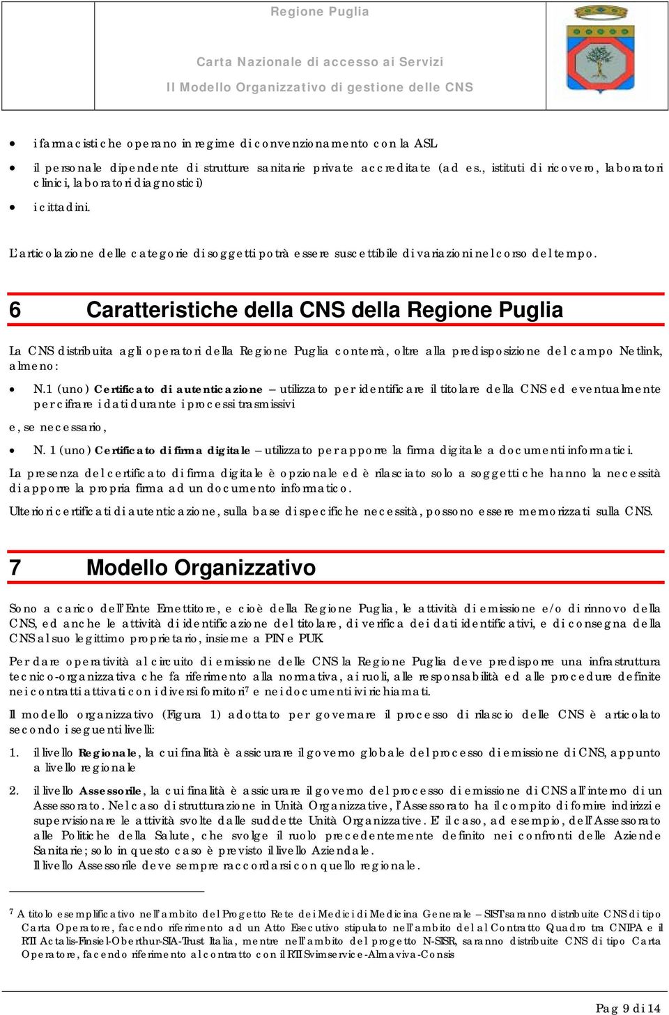 6 Caratteristiche della CNS della Regione Puglia La CNS distribuita agli operatori della Regione Puglia conterrà, oltre alla predisposizione del campo Netlink, almeno: N.