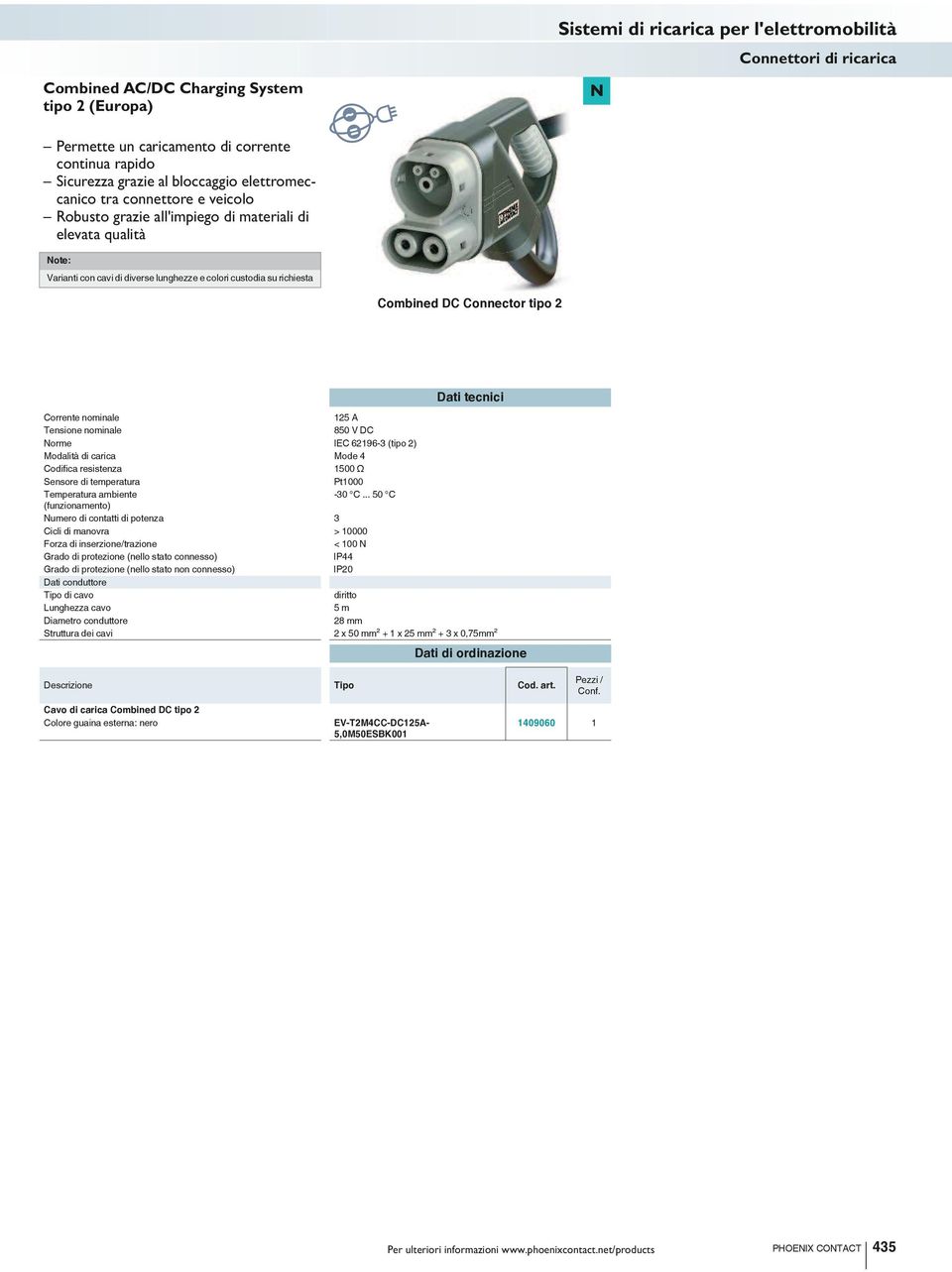 nominale 125 A Tensione nominale 850 V DC Norme IEC 62196-3 (tipo 2) Modalità di carica Mode 4 Codifica resistenza 1500 Sensore di temperatura Pt1000 Temperatura ambiente -30 C.