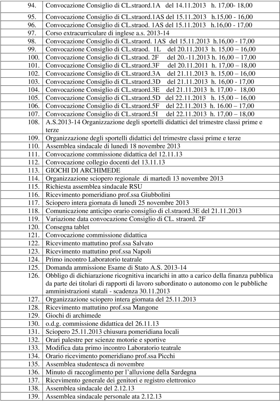 11.2013 h. 15,00 16,00 100. Convocazione Consiglio di CL.straod. 2F del 20.-11.2013 h. 16,00 17,00 101. Convocazione Consiglio di CL.straord.3F del 20.11.2011 h. 17,00 18,00 102.