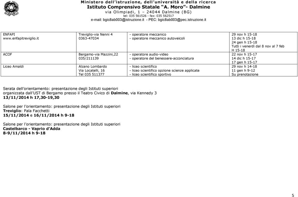 operatore audio-video - operatore del benessere-acconciatura - liceo scientifico - liceo scientifico opzione scienze applicate - liceo scientifico sportivo 24 gen h 15-18 Tutti i venerdì dal 8 nov al