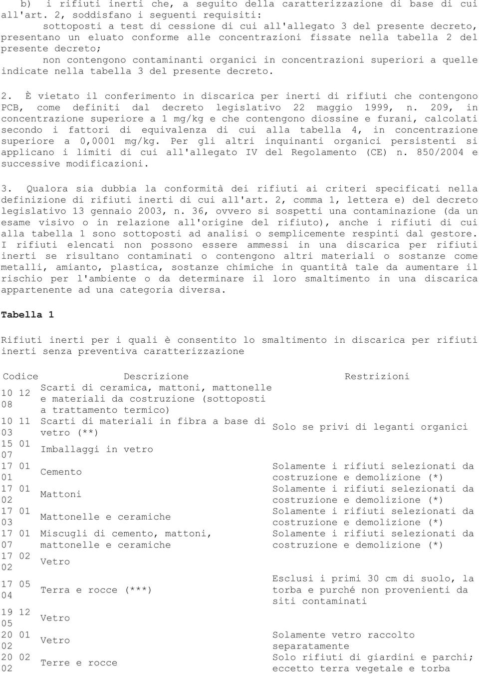 decreto; non contengono contaminanti organici in concentrazioni superiori a quelle indicate nella tabella 3 del presente decreto. 2.