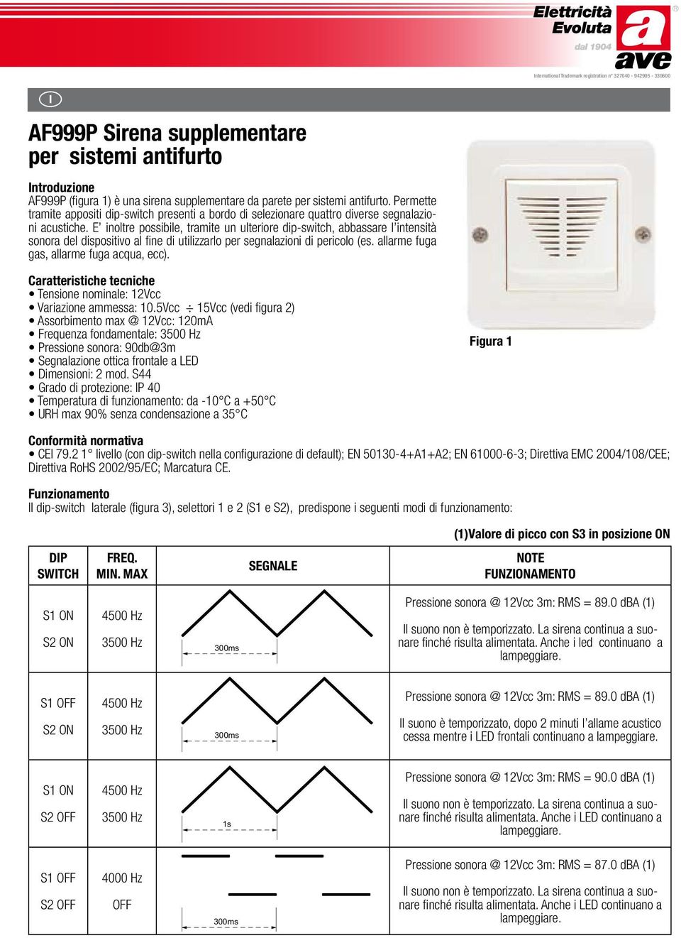 E inoltre possibile, tramite un ulteriore dip-switch, abbassare l intensità sonora del dispositivo al fine di utilizzarlo per segnalazioni di pericolo (es. allarme fuga gas, allarme fuga acqua, ecc).