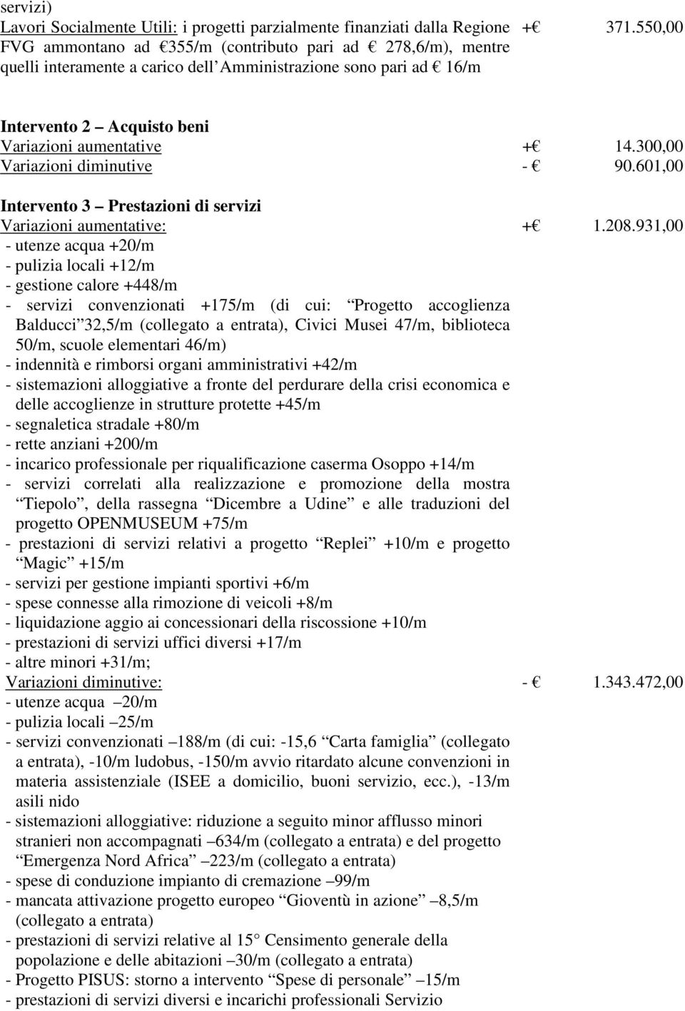 601,00 Intervento 3 Prestazioni di servizi Variazioni aumentative: - utenze acqua +20/m - pulizia locali +12/m - gestione calore +448/m - servizi convenzionati +175/m (di cui: Progetto accoglienza