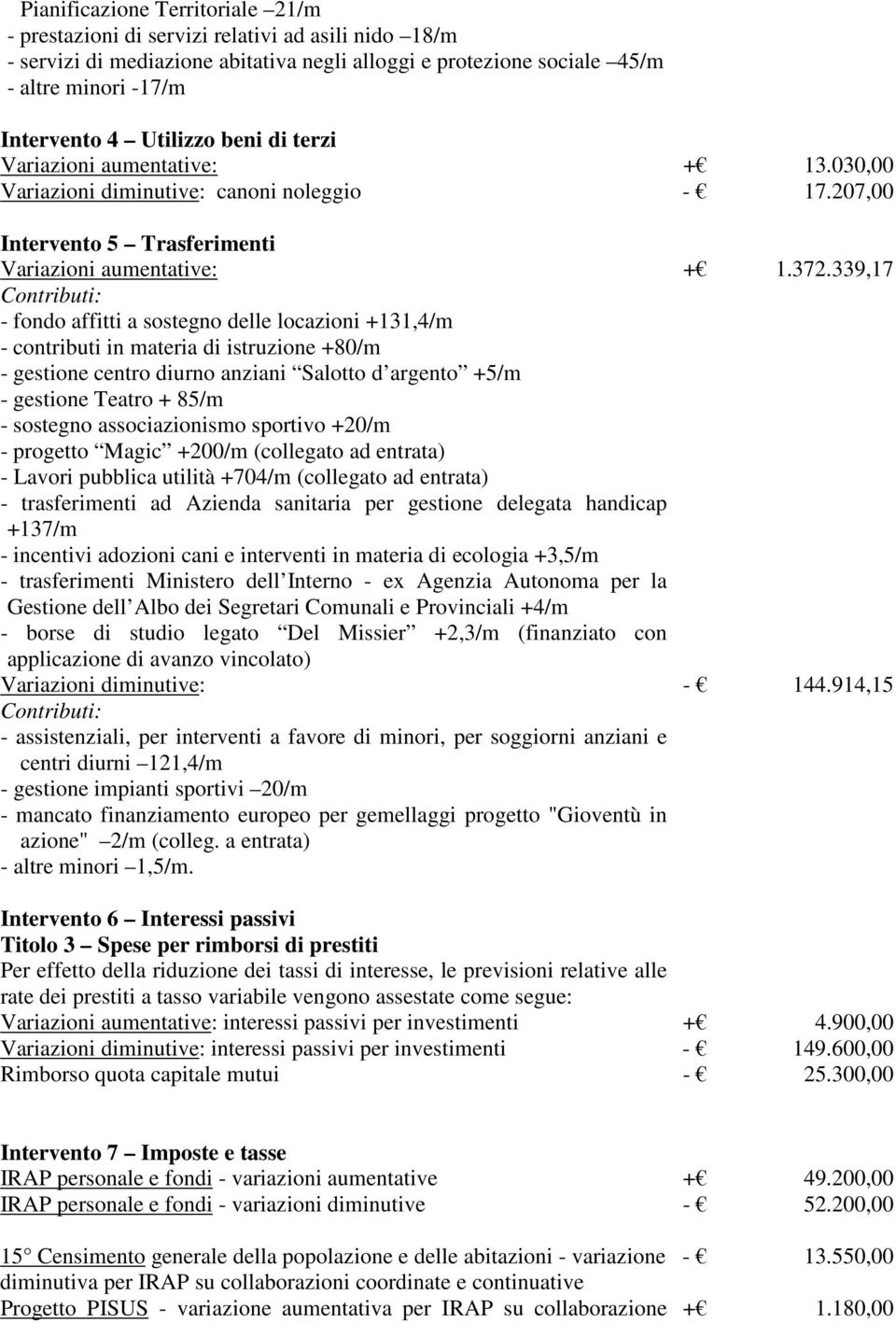 207,00 Intervento 5 Trasferimenti Variazioni aumentative: Contributi: - fondo affitti a sostegno delle locazioni +131,4/m - contributi in materia di istruzione +80/m - gestione centro diurno anziani