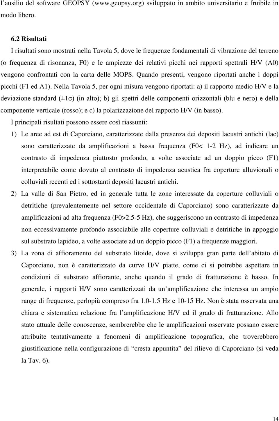 H/V (A0) vengono confrontati con la carta delle MOPS. Quando presenti, vengono riportati anche i doppi picchi (F1 ed A1).