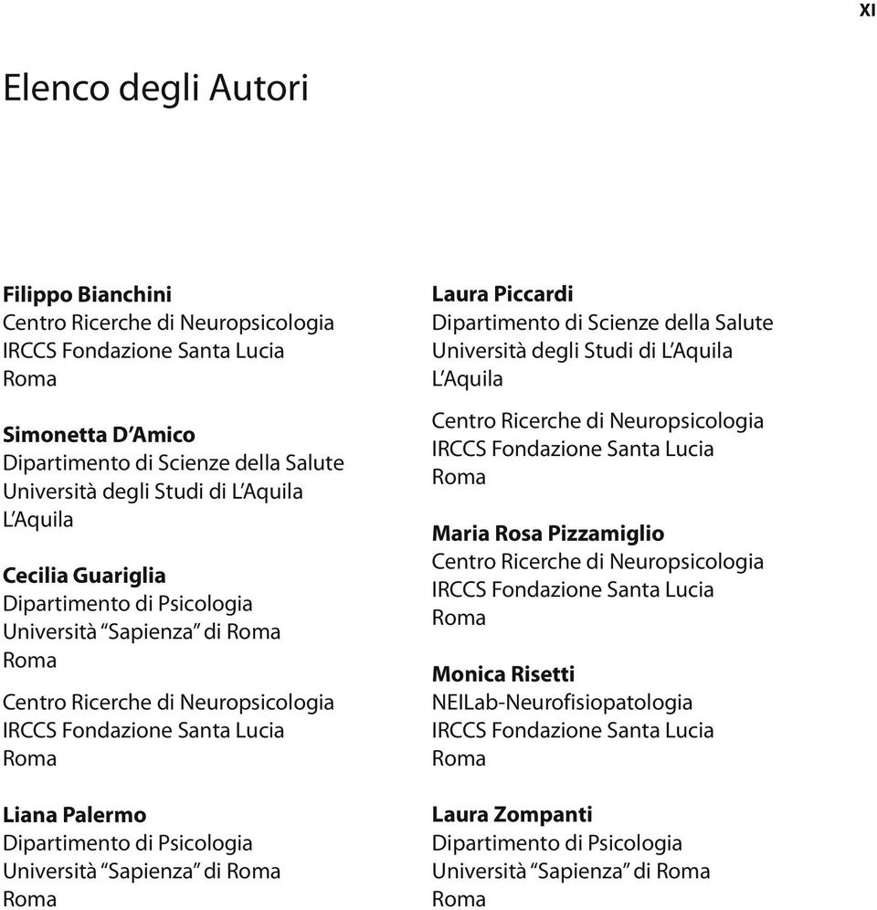 Sapienza di Laura Piccardi Dipartimento di Scienze della Salute Università degli Studi di L Aquila L Aquila Centro Ricerche di Neuropsicologia IRCCS Fondazione Santa Lucia Maria Rosa Pizzamiglio