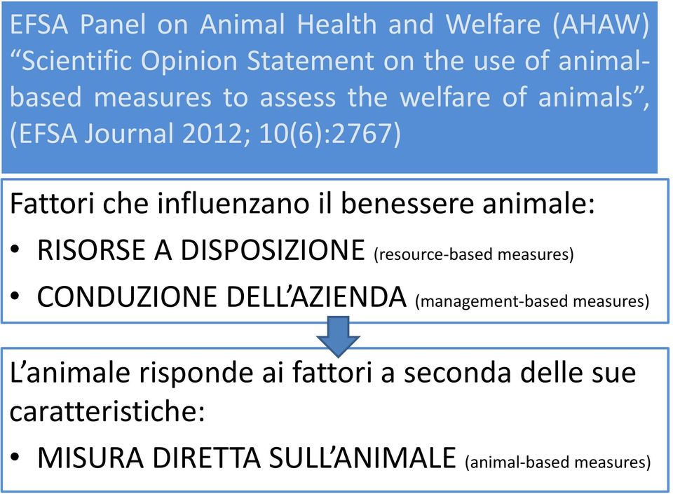 animale: RISORSE A DISPOSIZIONE (resource-based measures) CONDUZIONE DELL AZIENDA (management-based measures)