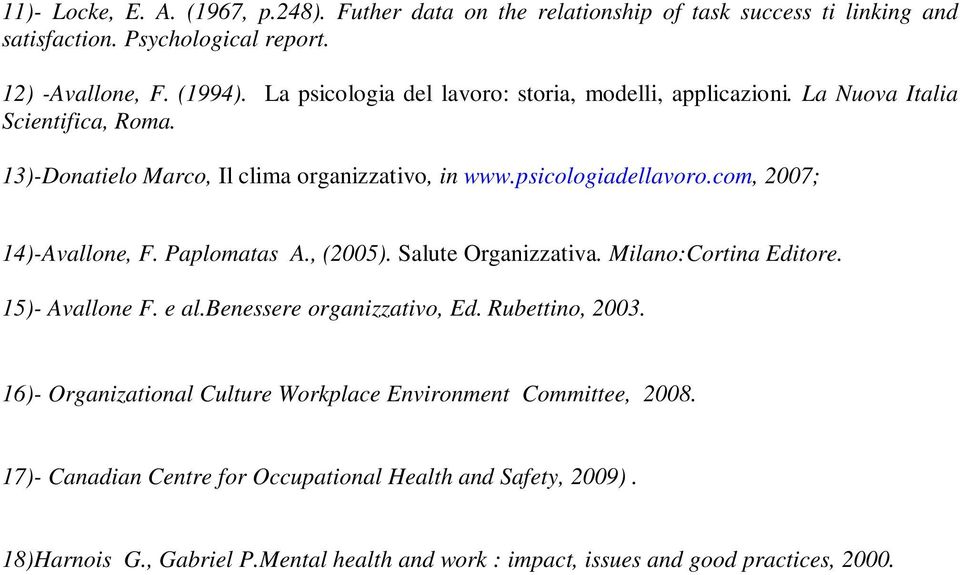 com, 2007; 14)-Avallone, F. Paplomatas A., (2005). Salute Organizzativa. Milano:Cortina Editore. 15)- Avallone F. e al.benessere organizzativo, Ed. Rubettino, 2003.