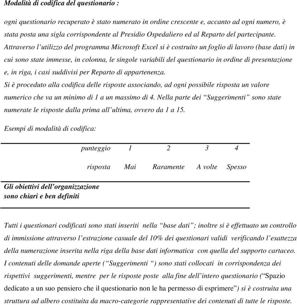 Attraverso l utilizzo del programma Microsoft Excel si è costruito un foglio di lavoro (base dati) in cui sono state immesse, in colonna, le singole variabili del questionario in ordine di