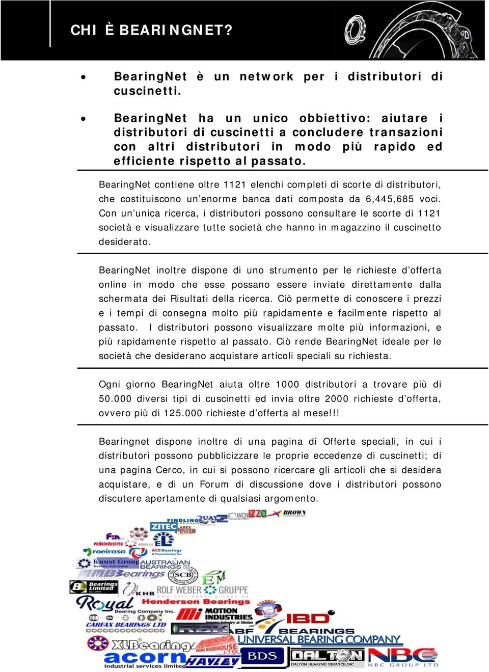 BearingNet contiene oltre 1121 elenchi completi di scorte di distributori, che costituiscono un enorme banca dati composta da 6,445,685 voci.