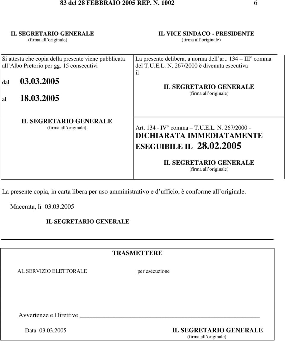 267/2000 è divenuta esecutiva il Art. 134 - IV comma T.U.E.L. N. 267/2000 - DICHIARATA IMMEDIATAMENTE ESEGUIBILE IL 28.02.