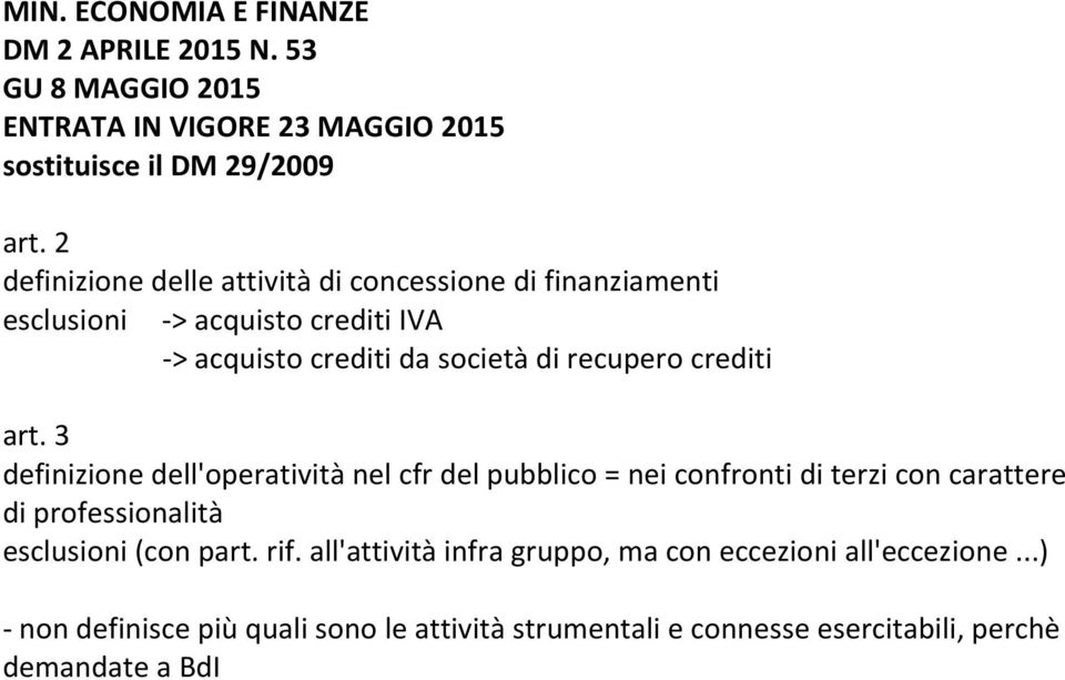 crediti art. 3 definizione dell'operatività nel cfr del pubblico = nei confronti di terzi con carattere di professionalità esclusioni (con part.