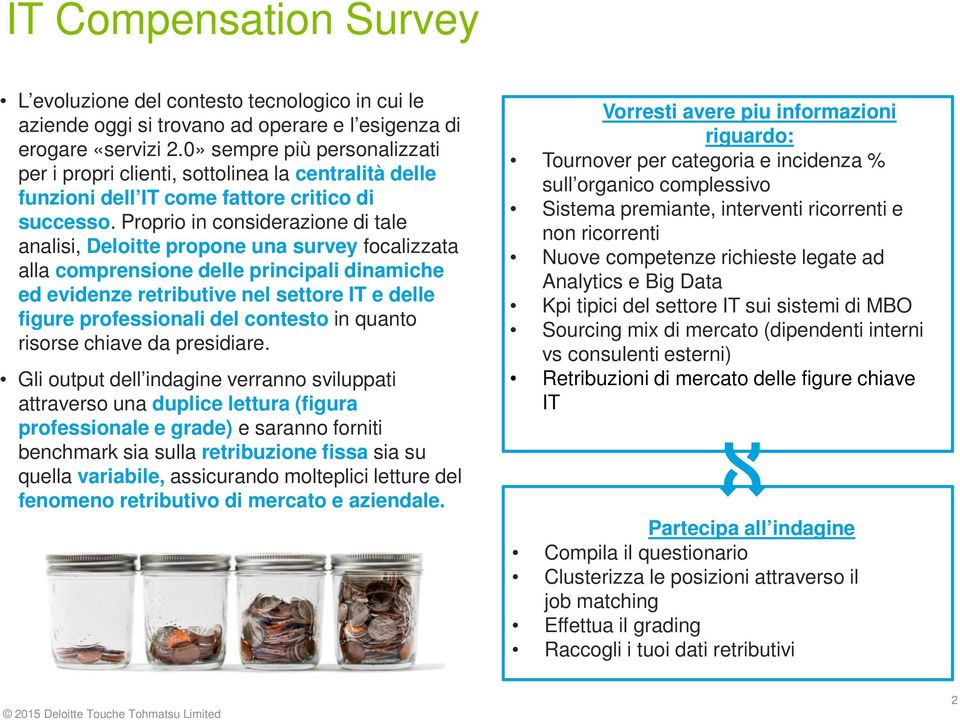 Proprio in considerazione di tale analisi, Deloitte propone una survey focalizzata alla comprensione delle principali dinamiche ed evidenze retributive nel settore IT e delle figure professionali del