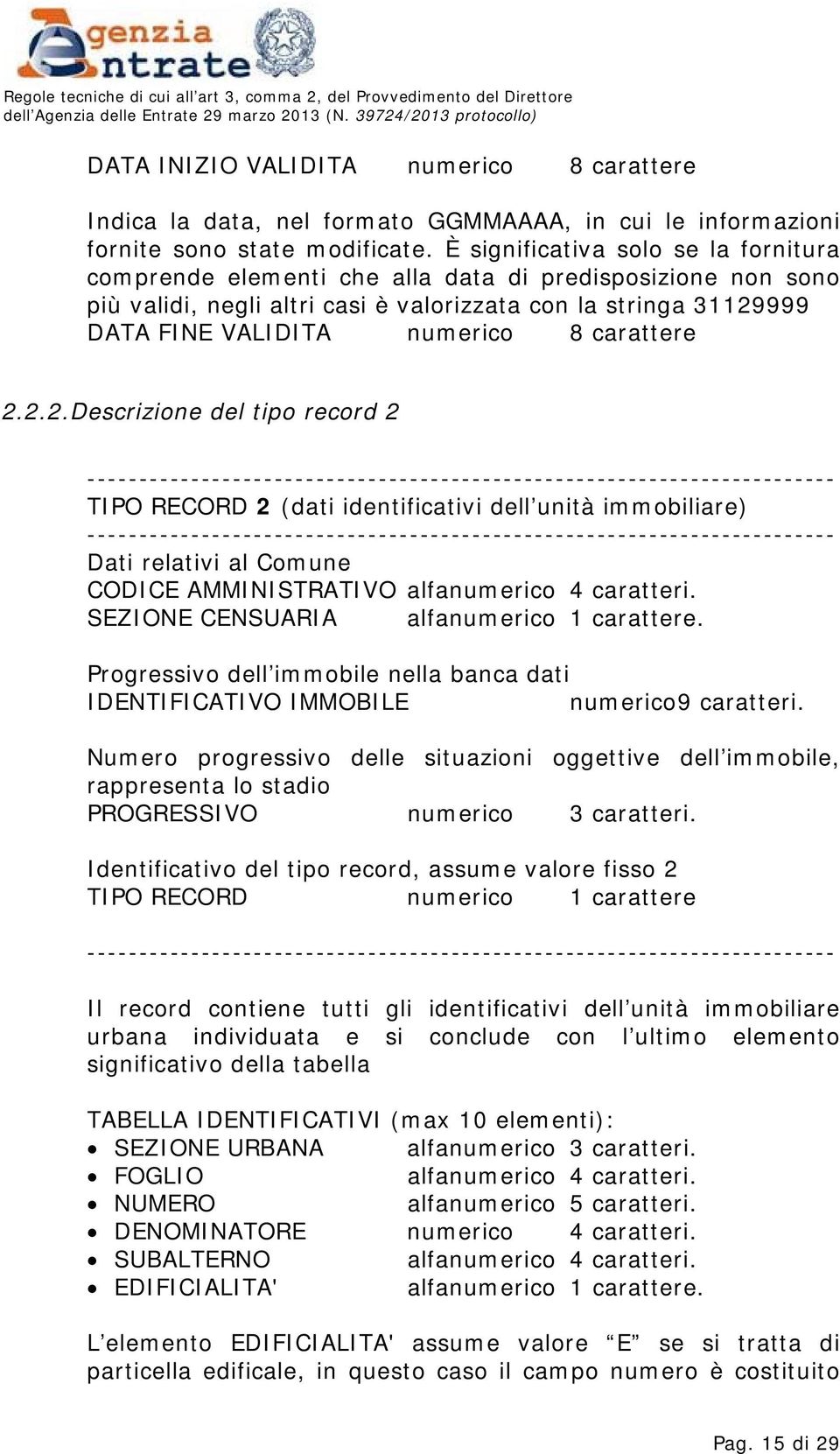 carattere 2.2.2.Descrizione del tipo record 2 TIPO RECORD 2 (dati identificativi dell unità immobiliare) Dati relativi al Comune CODICE AMMINISTRATIVO alfanumerico 4 caratteri.