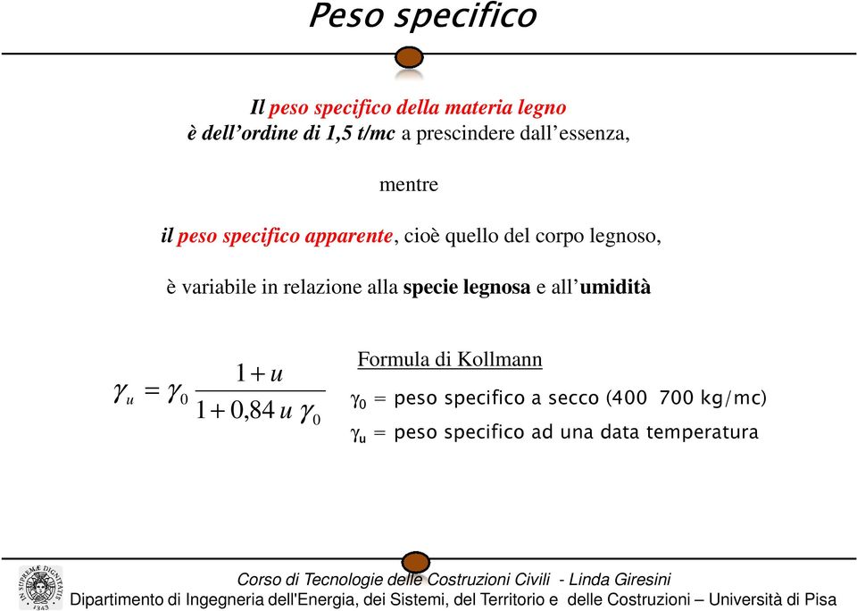 in relazione alla specie legnosa e all umidità γ u = γ 0 1+ 1+ u 0,84 u γ 0 Formula di