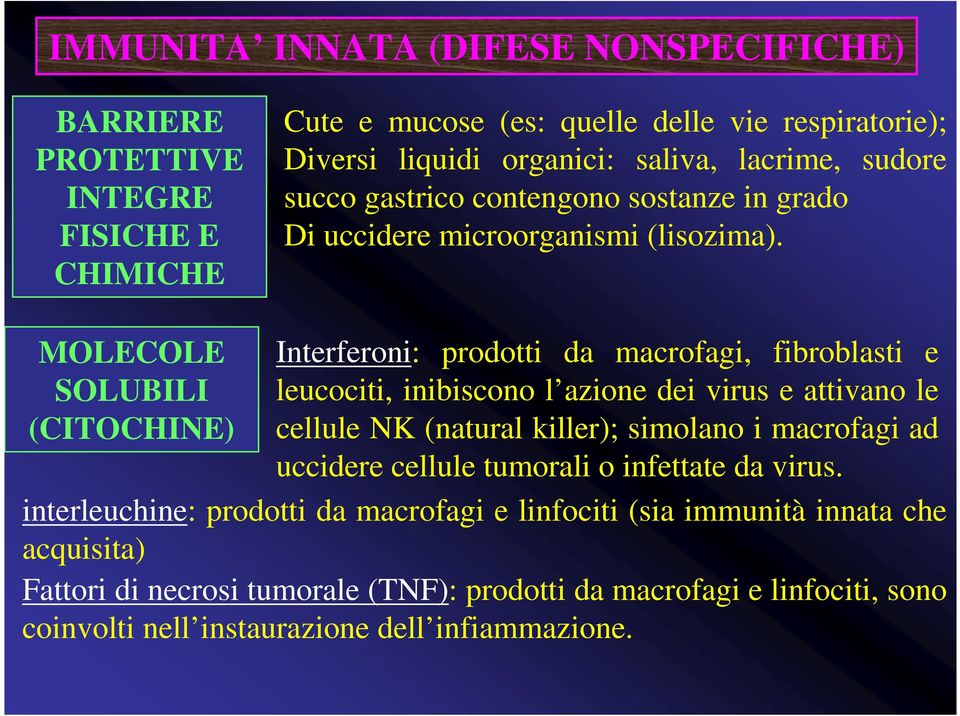 MOLECOLE SOLUBILI (CITOCHINE) Interferoni: prodotti da macrofagi, fibroblasti e leucociti, inibiscono l azione dei virus e attivano le cellule NK (natural killer); simolano i