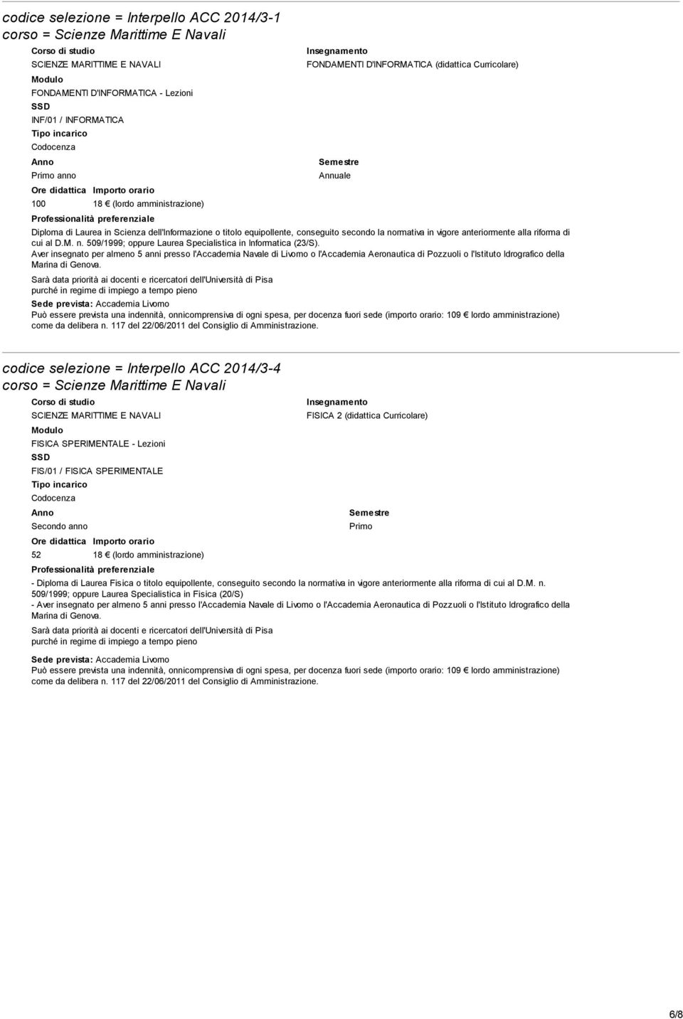 Aver insegnato per almeno 5 anni presso l'accademia Navale di Livorno o l'accademia Aeronautica di Pozzuoli o l'istituto Idrografico della codice selezione = Interpello ACC 2014/3-4 FISICA