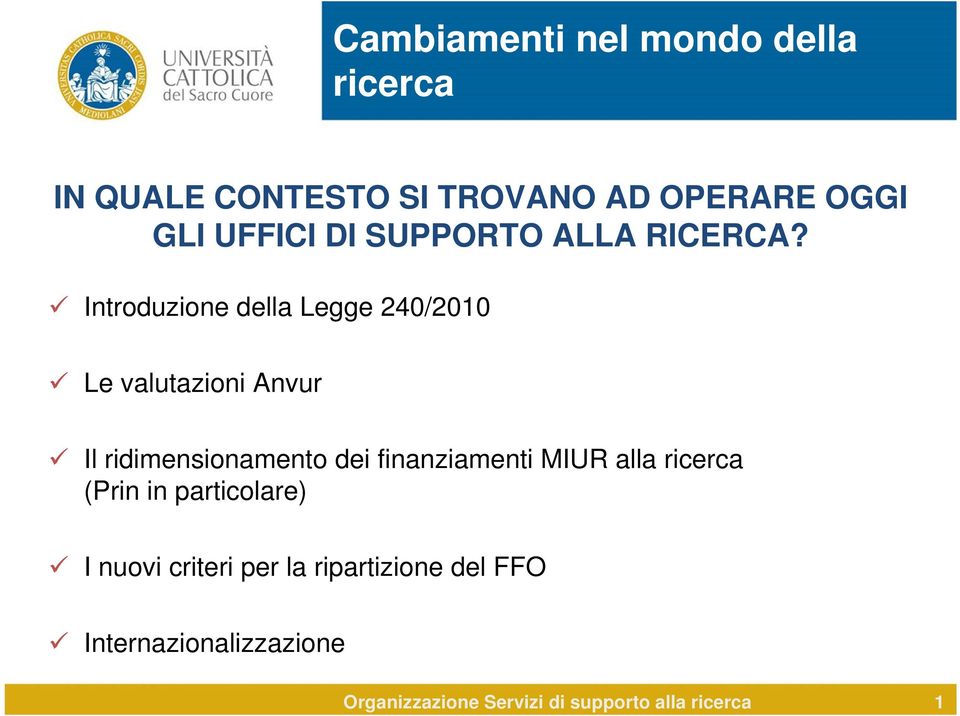 Introduzione della Legge 240/2010 Le valutazioni Anvur Il ridimensionamento dei