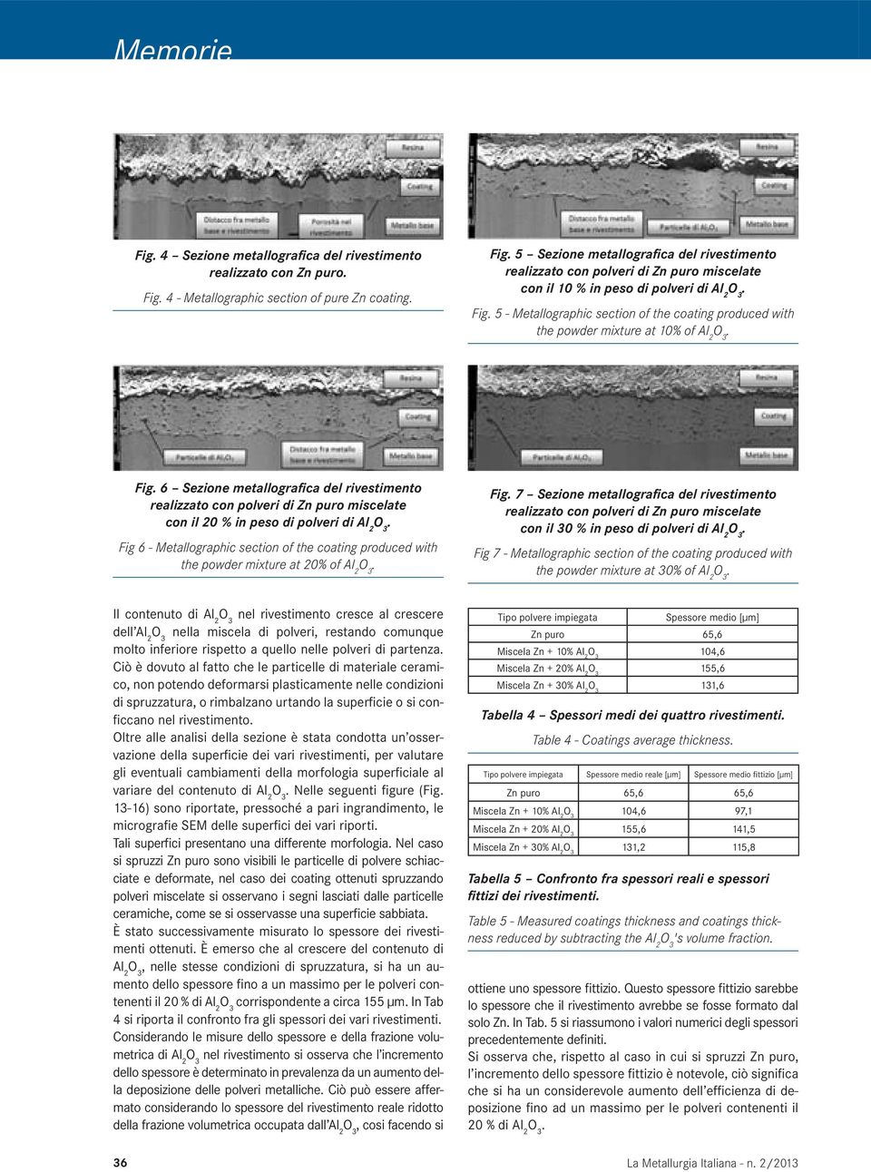 realizzato con polveri di Zn puro miscelate con il 20 % in peso di polveri di Al 2 Fig 6 - Metallographic section of the coating produced with the powder mixture at 20% of Al 2 Fig 7 Sezione