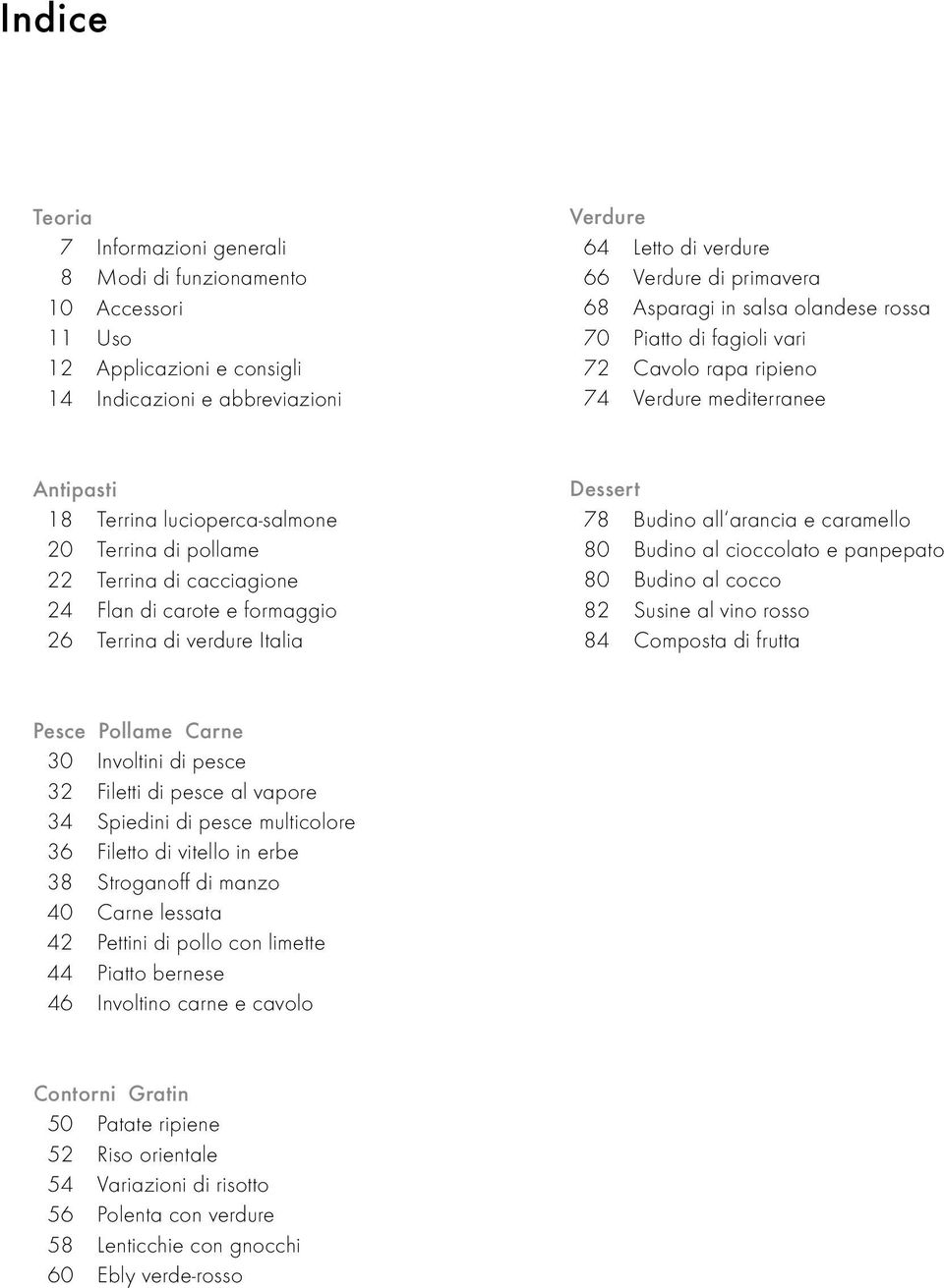 formaggio 6 Terrina di verdure Italia Dessert 78 Budino all arancia e caramello 80 Budino al cioccolato e panpepato 80 Budino al cocco 8 Susine al vino rosso 84 Composta di frutta Pesce Pollame Carne