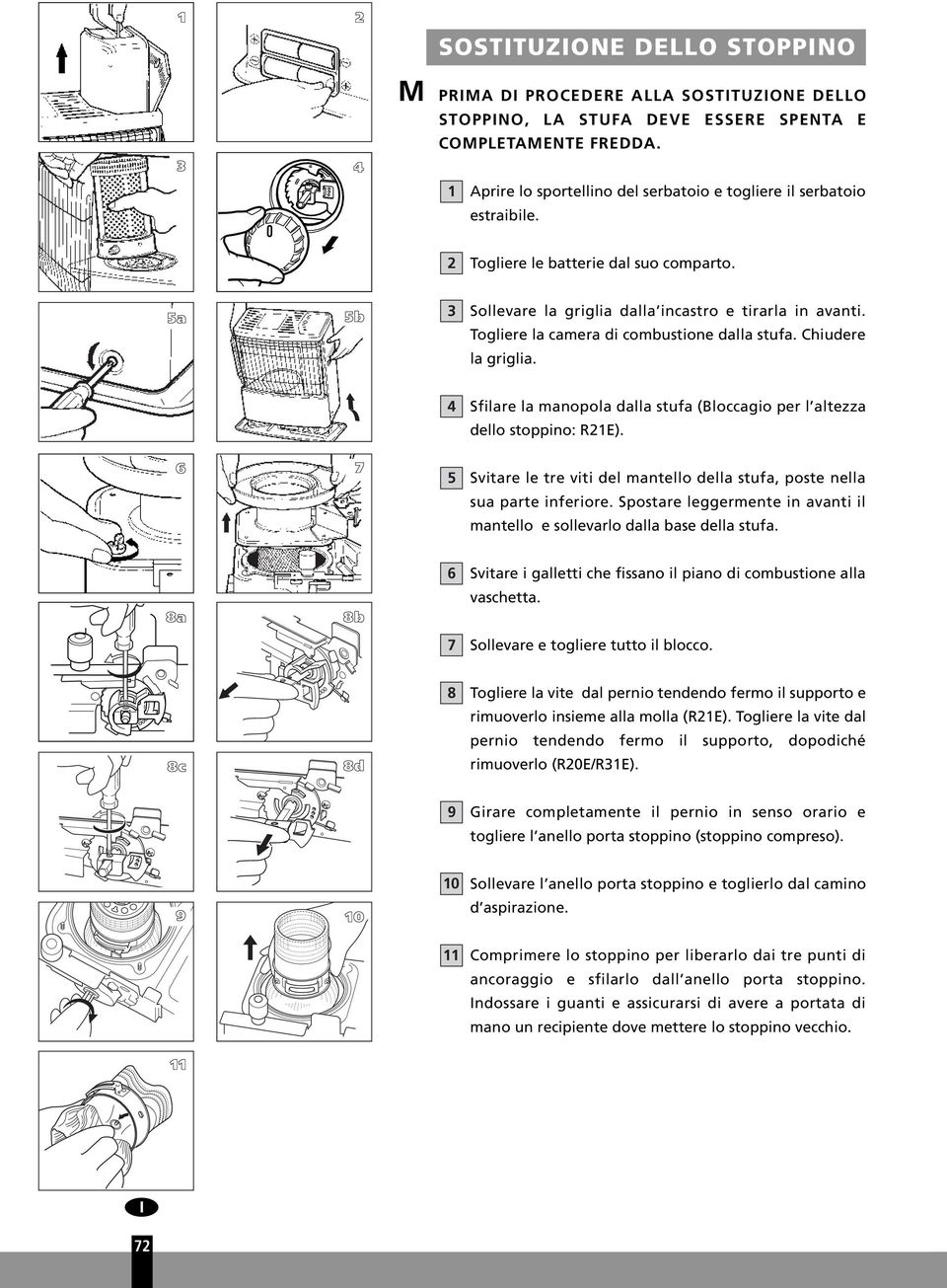 Togliere la camera di combustione dalla stufa. Chiudere la griglia. Sfilare la manopola dalla stufa (Bloccagio per l altezza dello stoppino: R1E).