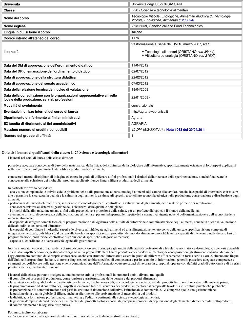 marzo 2007, art 1 Il corso é Tecnologie alimentari (ORISTANO cod 35664) Viticoltura ed enologia (ORISTANO cod 31807) Data del DM di approvazione dell'ordinamento didattico 11/04/2012 Data del DR di