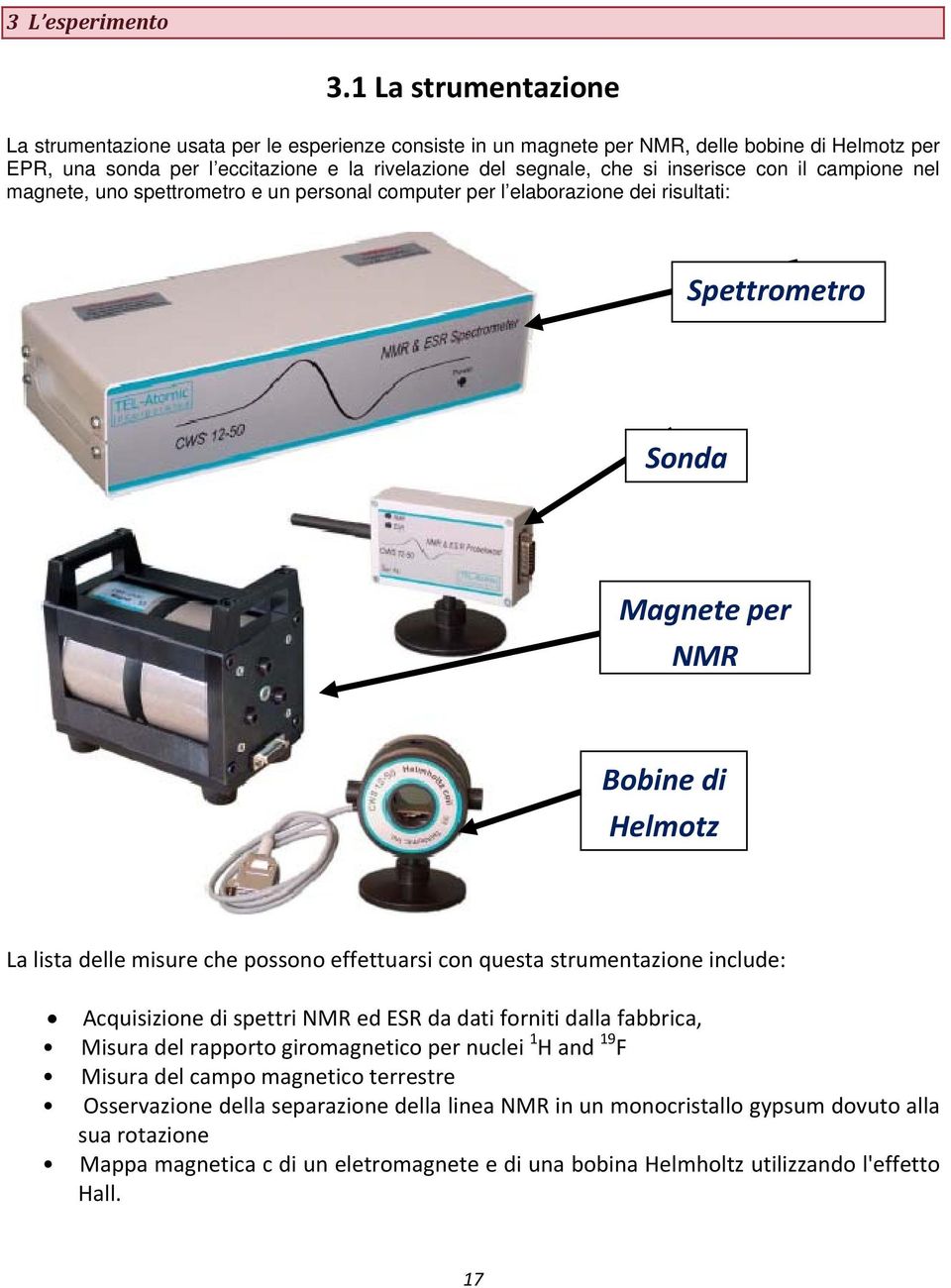 inserisce con il campione nel magnete, uno spettrometro e un personal computer per l elaborazione dei risultati: Spettrometro Sonda Magnete per NMR Bobine di Helmotz La lista delle misure che possono